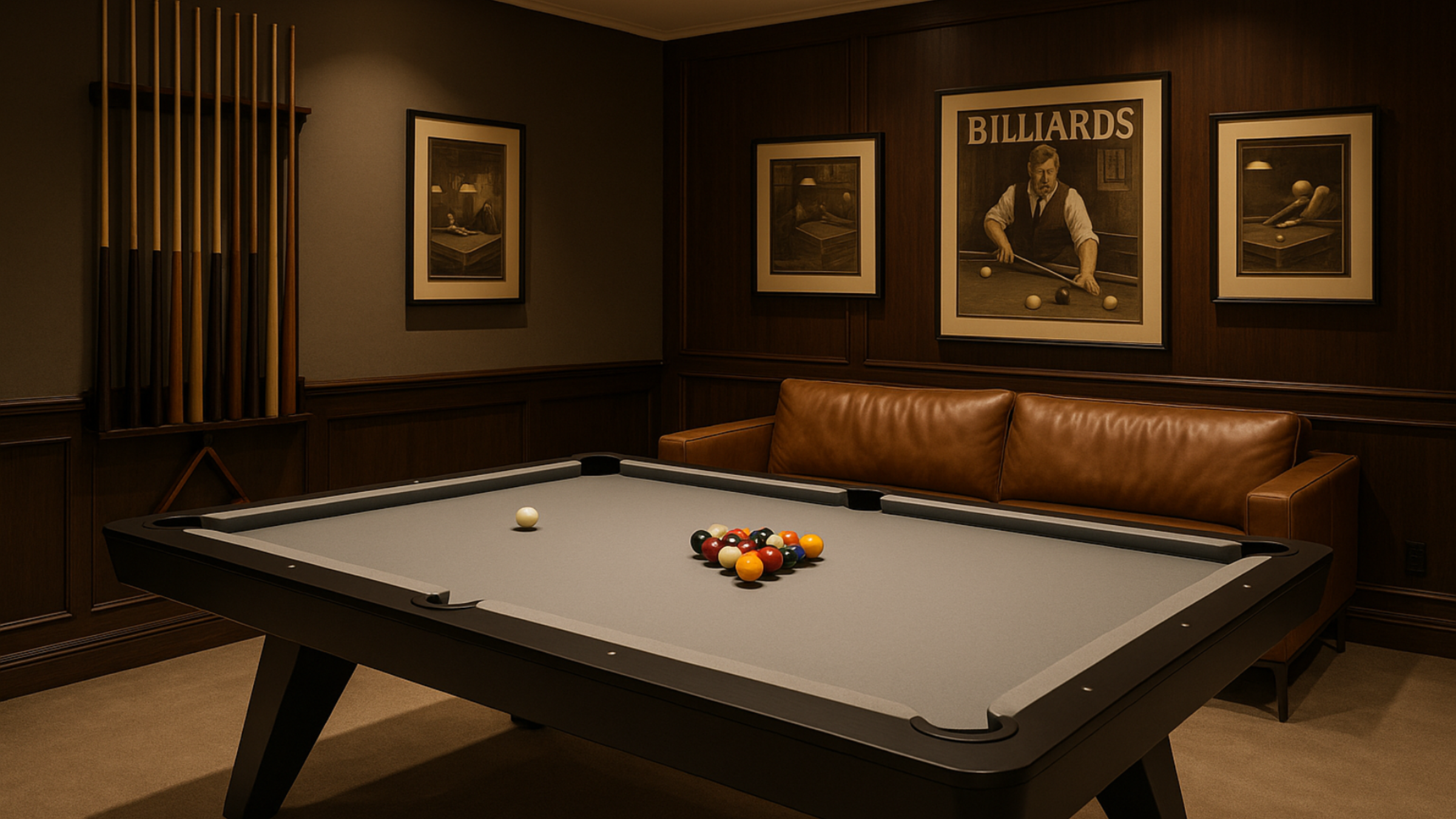 modern pool table in a luxury room that includes a sofa, a cue rack on the wall and a billiard decor on the walls
